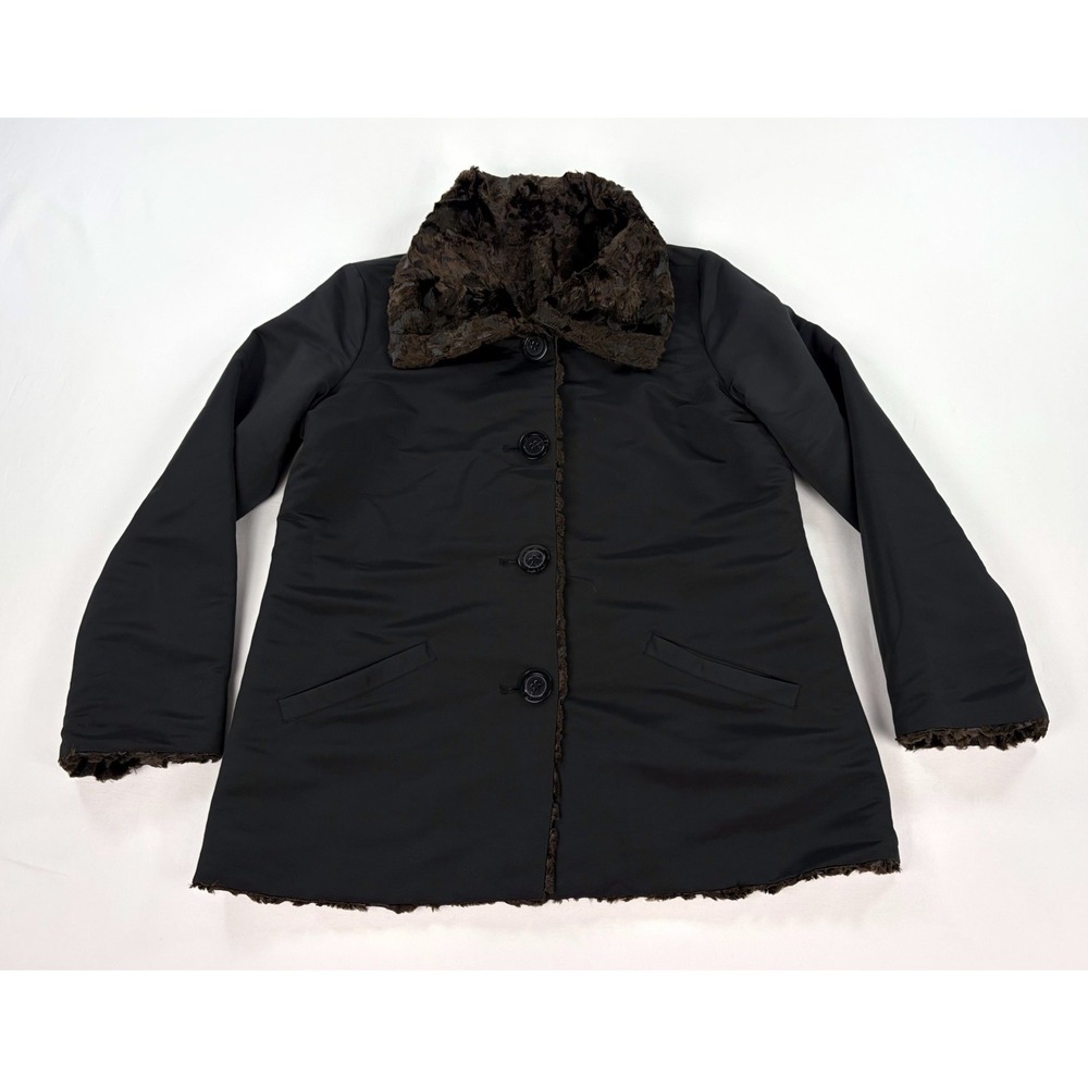 Chico's Reversible Textured Faux Fur Coat Women's 1 M Black Brown Soft Jacket